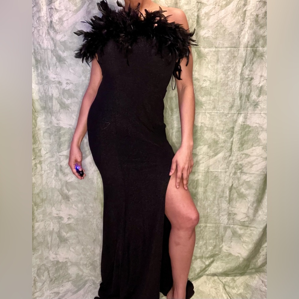 Black Shiny FashionNova Feather Top Evening Gown